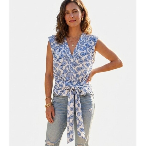 Anthropologie Tops - Anthropologie Blue Motif Embroidered Tie-Waist Blouse Size Large